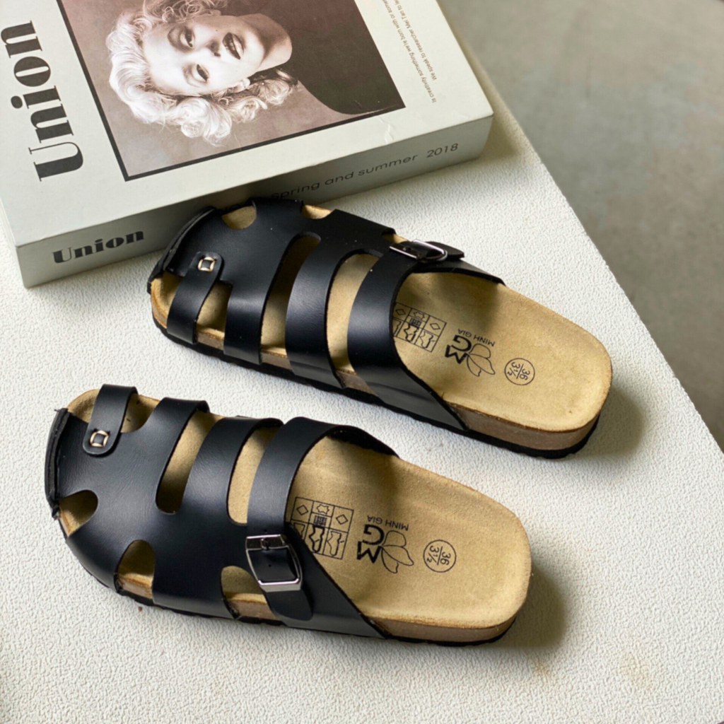  Dép bệt đế Trấu Unisex Nam/Nữ bít mũi-Đen 