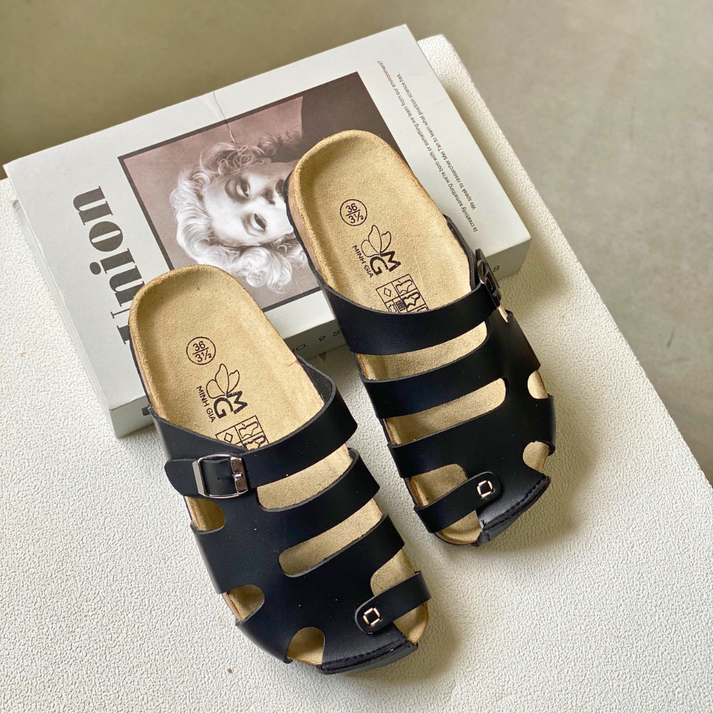  Dép bệt đế Trấu Unisex Nam/Nữ bít mũi-Đen 