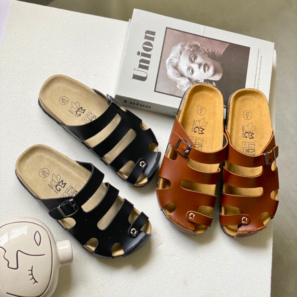  Dép bệt đế Trấu Unisex Nam/Nữ bít mũi-Đen 