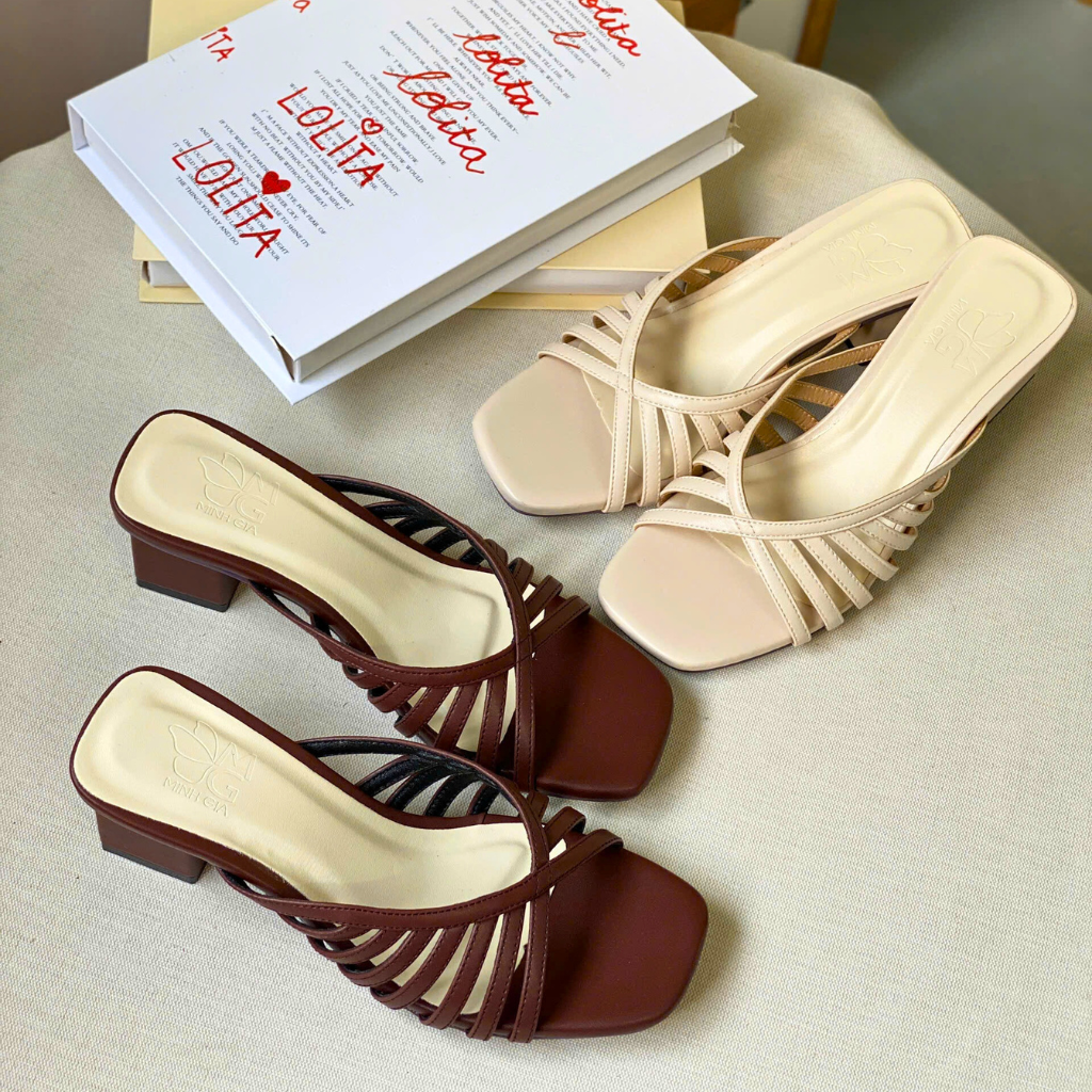  Dép cao gót Nữ 3p đan dây quai mảnh Nâu 