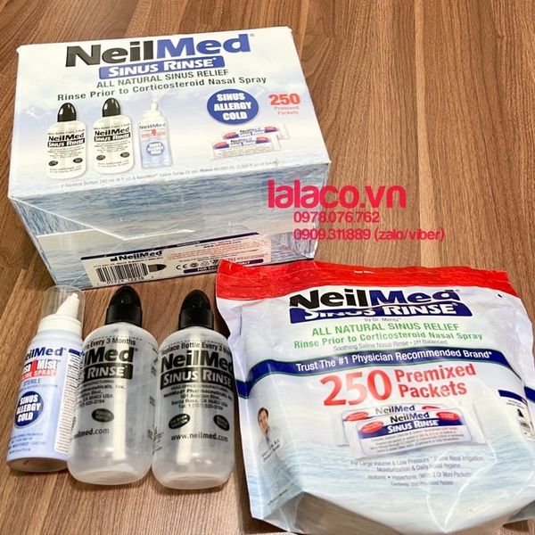 Bộ Nước Rửa Mũi NeilMed Sinus Rinse - 1 xịt, 2 Bình và 250 gói muối - Hàng Mỹ