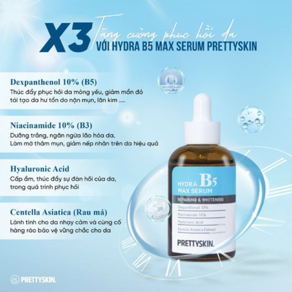 Serum Phục Hồi Da Prettyskin Hydra B5 Max Serum 50ml;  mang lại làn da tươi sáng & mịn màng