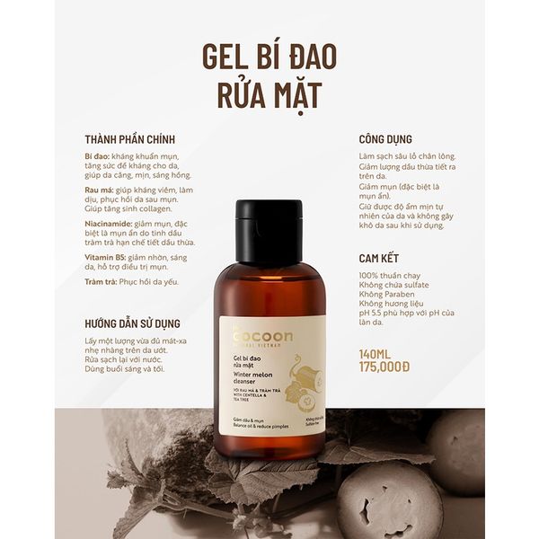 Gel bí đao rửa mặt Cocoon giảm dầu & mụn 140ml