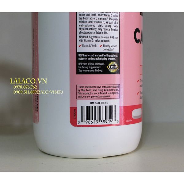 Viên uống Canxi Kirkland Calcium 600mg + D3 500 viên Xuất xứ Mỹ