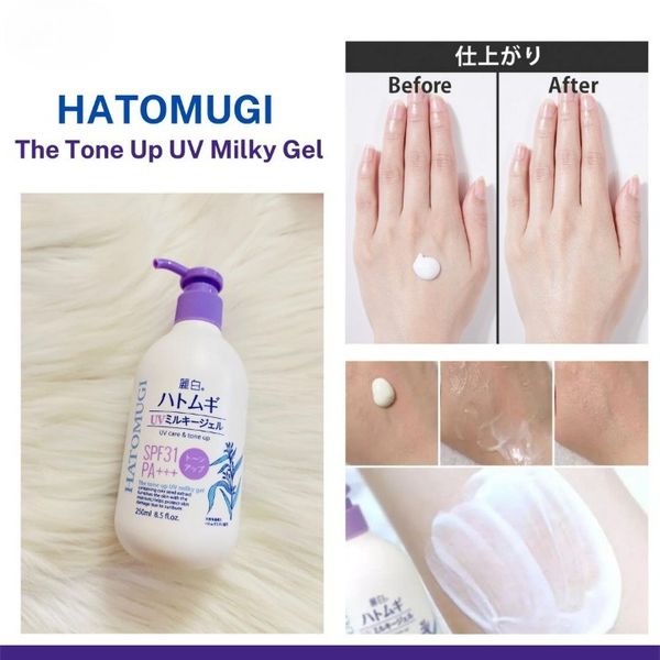 Sữa dưỡng thể nâng tone da dưỡng ẩm chống nắng Hatomugi The Tone Up UV Milky Gel SPF31 PA+++ 250ml - NắpTím