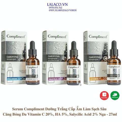 Serum Compliment 2% BHA Salicylic Acid Hyaluronic Acid B5 5% Vitamin C 20% Làm Sạch Da, Giảm Mụn Trắng Da Căng Bóng 27ml
