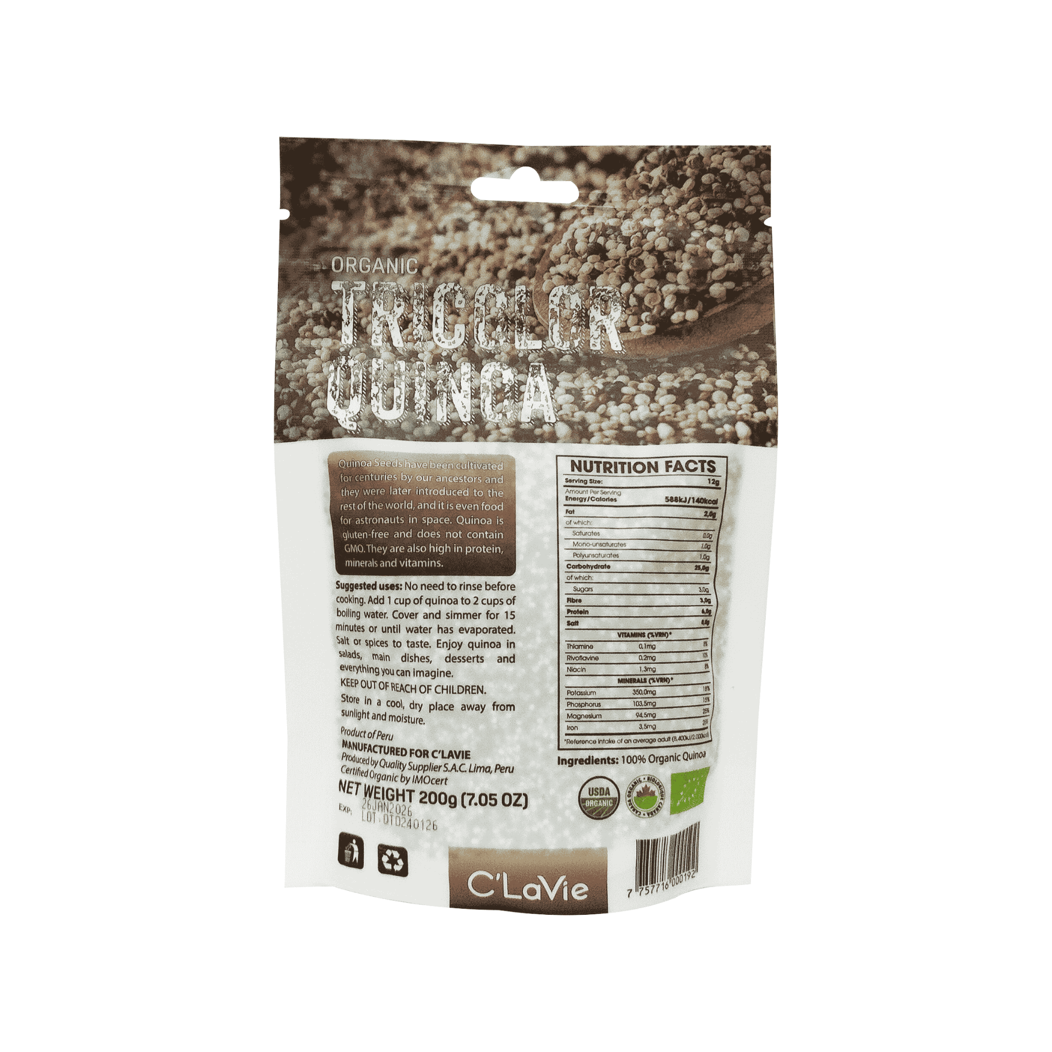  Hạt diêm mạch quinoa 3 màu hữu cơ C’LaVie 200g 