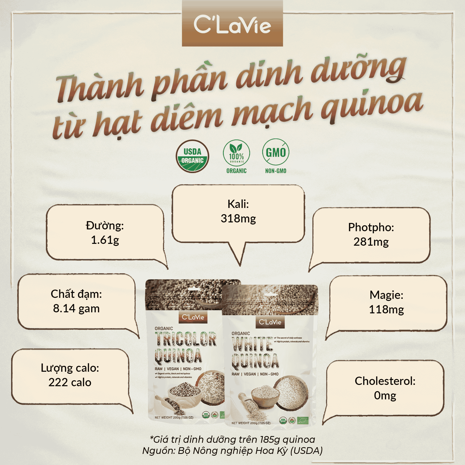 Hạt diêm mạch quinoa trắng hữu cơ C’LaVie 200g 