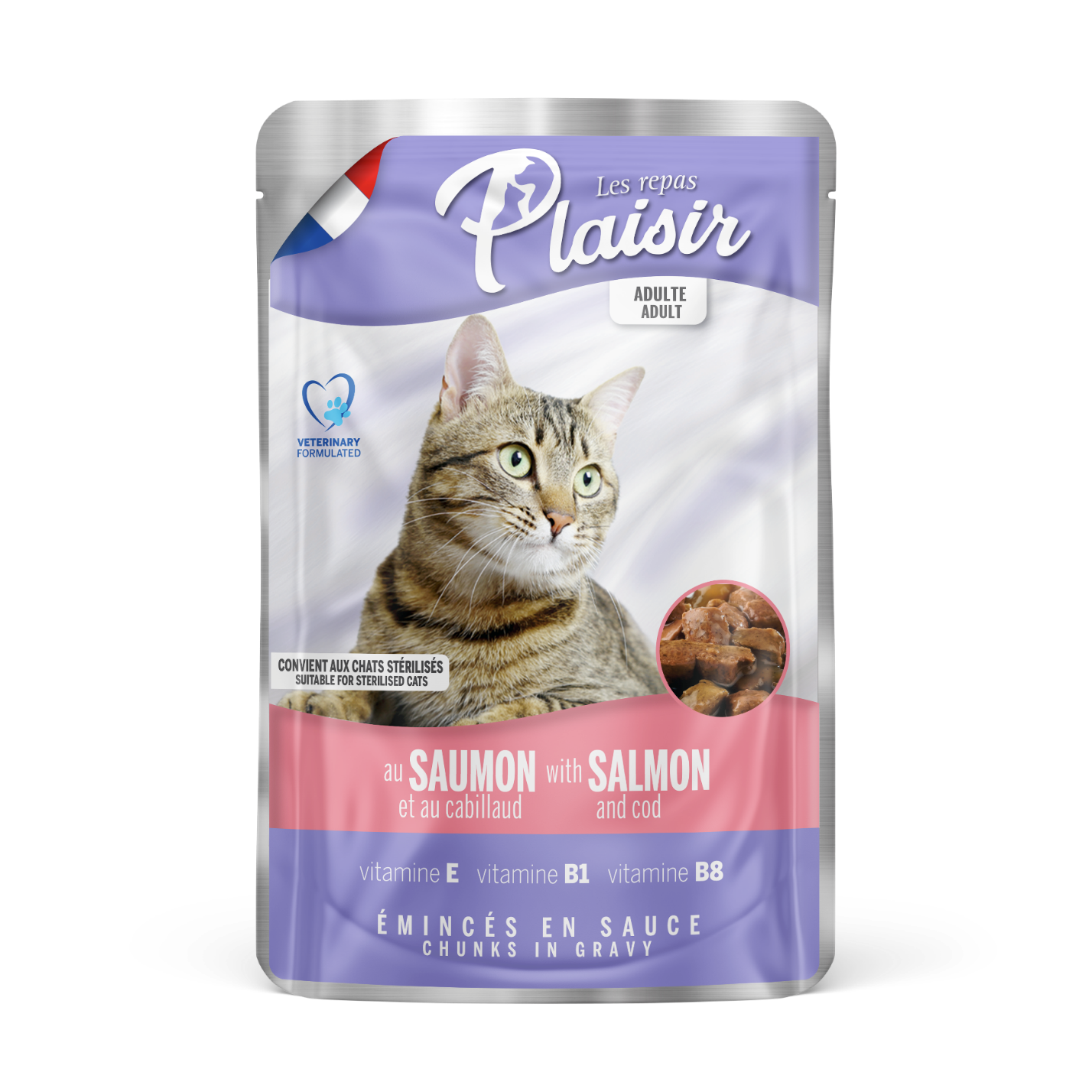  Plaisir Adult Cat – Salmon & Cod Flavor Chunks In Gravy 