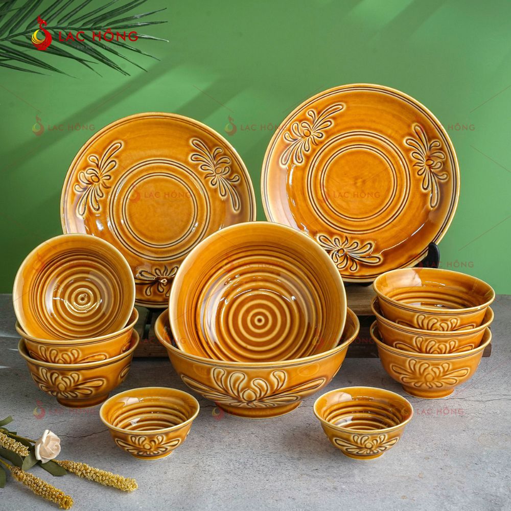 Bộ Bát Đĩa Vân Hoa Men Nâu