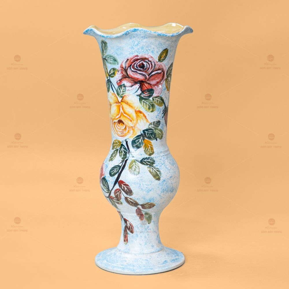 Lọ Hoa Miệng Lượn Vẽ Tay Hoa Hồng