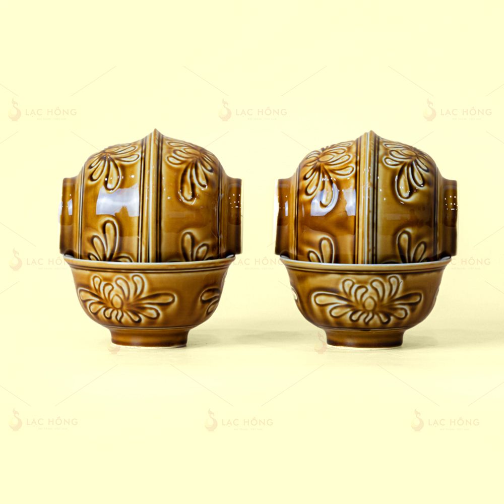 Bộ Bát Đĩa Vân Hoa Men Nâu