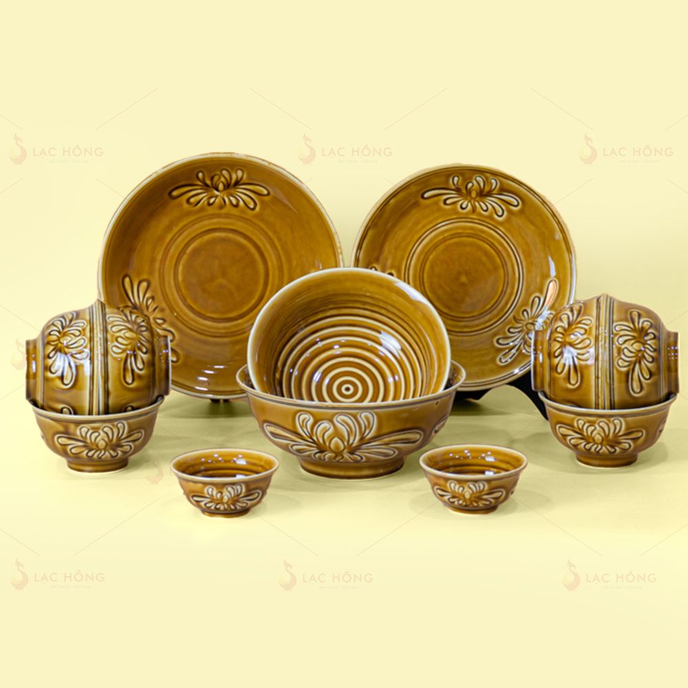 Bộ Bát Đĩa Vân Hoa Men Nâu