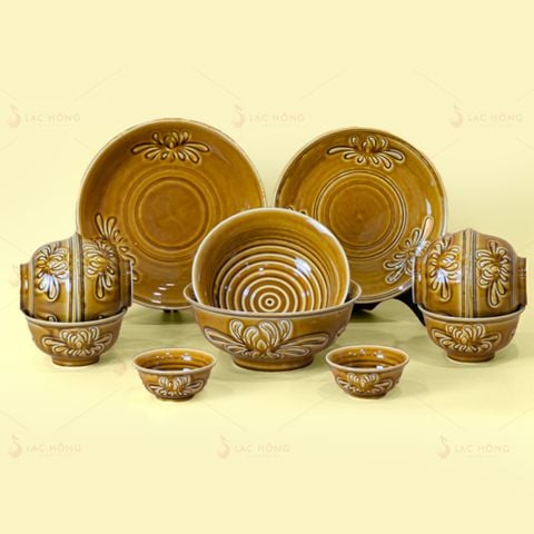 Bộ Bát Đĩa Vân Hoa Men Nâu