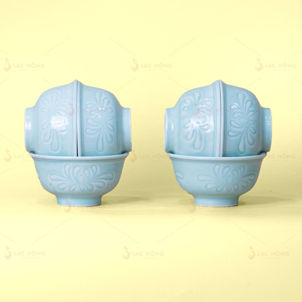 Bộ Bát Đĩa Vân Hoa Men Xanh Ngọc