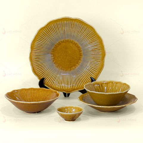 Bộ Bát Đĩa Vân Sen Men Nâu