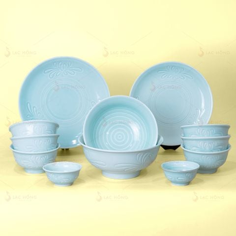 Bộ Bát Đĩa Vân Hoa Men Xanh Ngọc