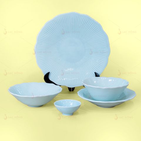 Bộ Bát Đĩa Vân Sen Men Xanh Ngọc