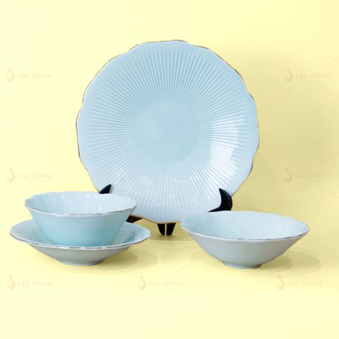  Bộ Bát Đĩa Vân Sen Men Xanh Ngọc Kẻ Vàng 