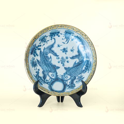  Đĩa Trưng Bày Men Rạn Song Ngư Cát Hạnh Bọc Đồng 