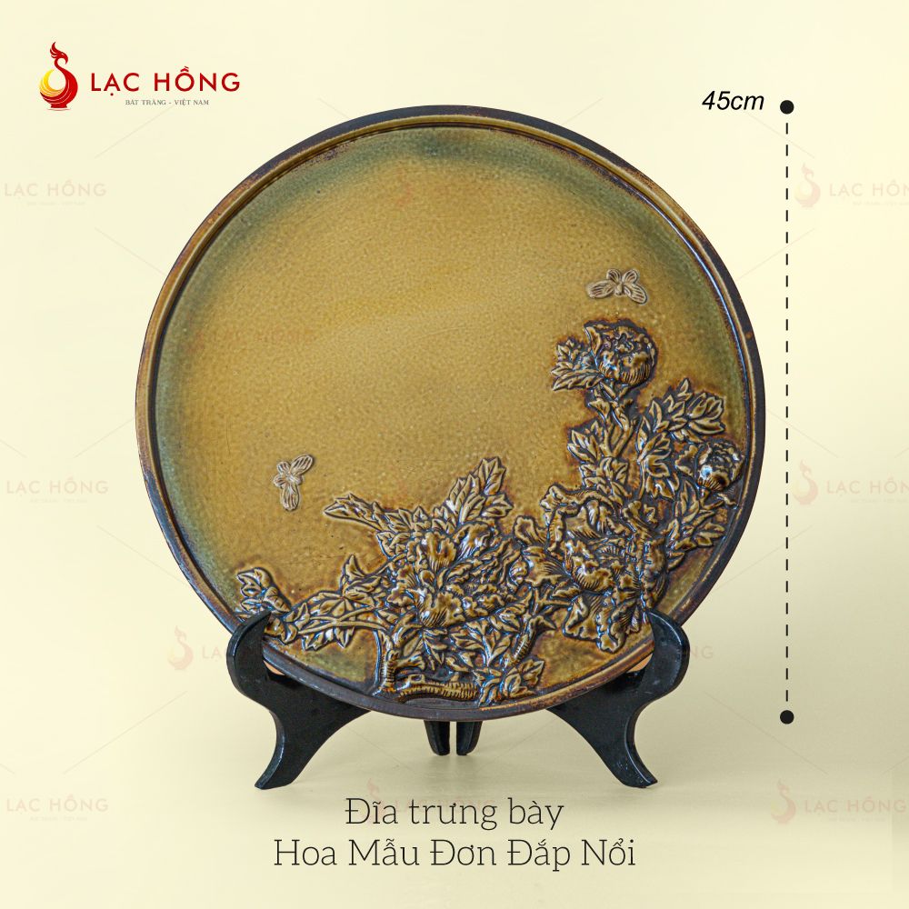Đĩa Trưng Bày Men Hoàng Thổ Hoa Mẫu Đơn Đắp Nổi