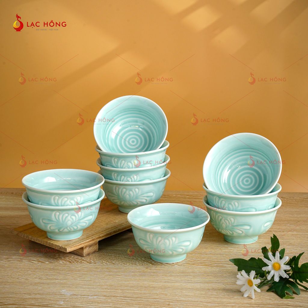 Bộ Bát Đĩa Vân Hoa Men Xanh Ngọc