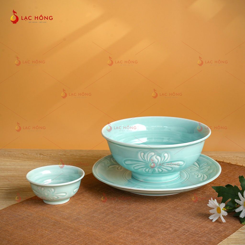 Bộ Bát Đĩa Vân Hoa Men Xanh Ngọc
