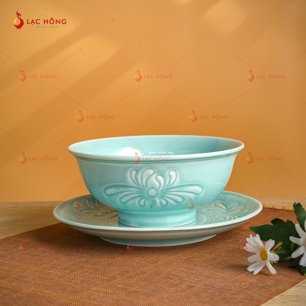 Bộ Bát Đĩa Vân Hoa Men Xanh Ngọc