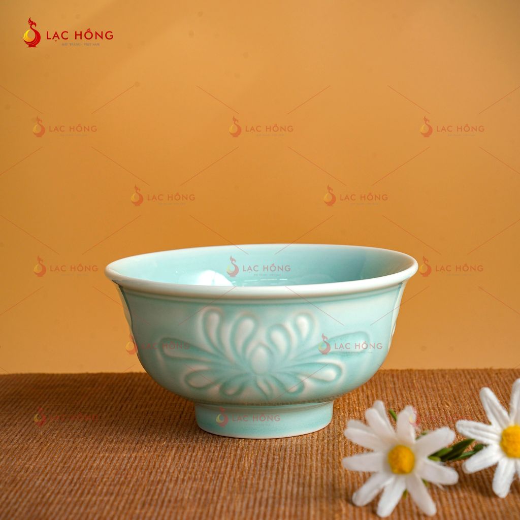Bộ Bát Đĩa Vân Hoa Men Xanh Ngọc