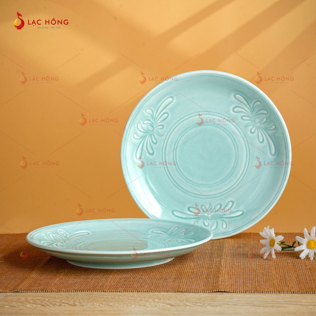 Bộ Bát Đĩa Vân Hoa Men Xanh Ngọc