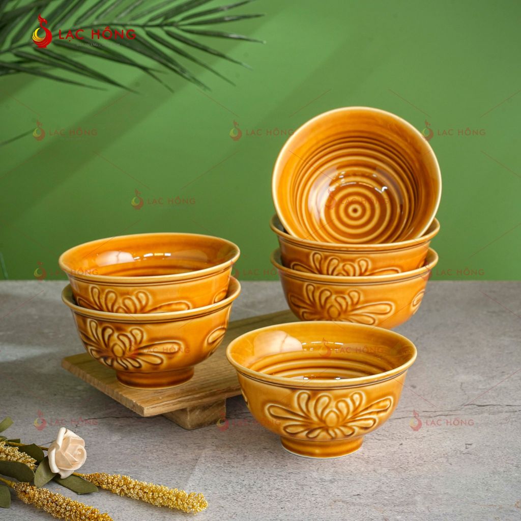 Bộ Bát Đĩa Vân Hoa Men Nâu