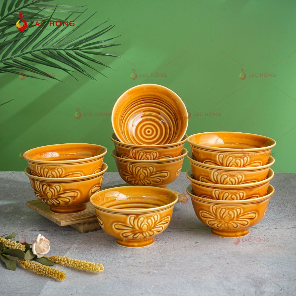 Bộ Bát Đĩa Vân Hoa Men Nâu