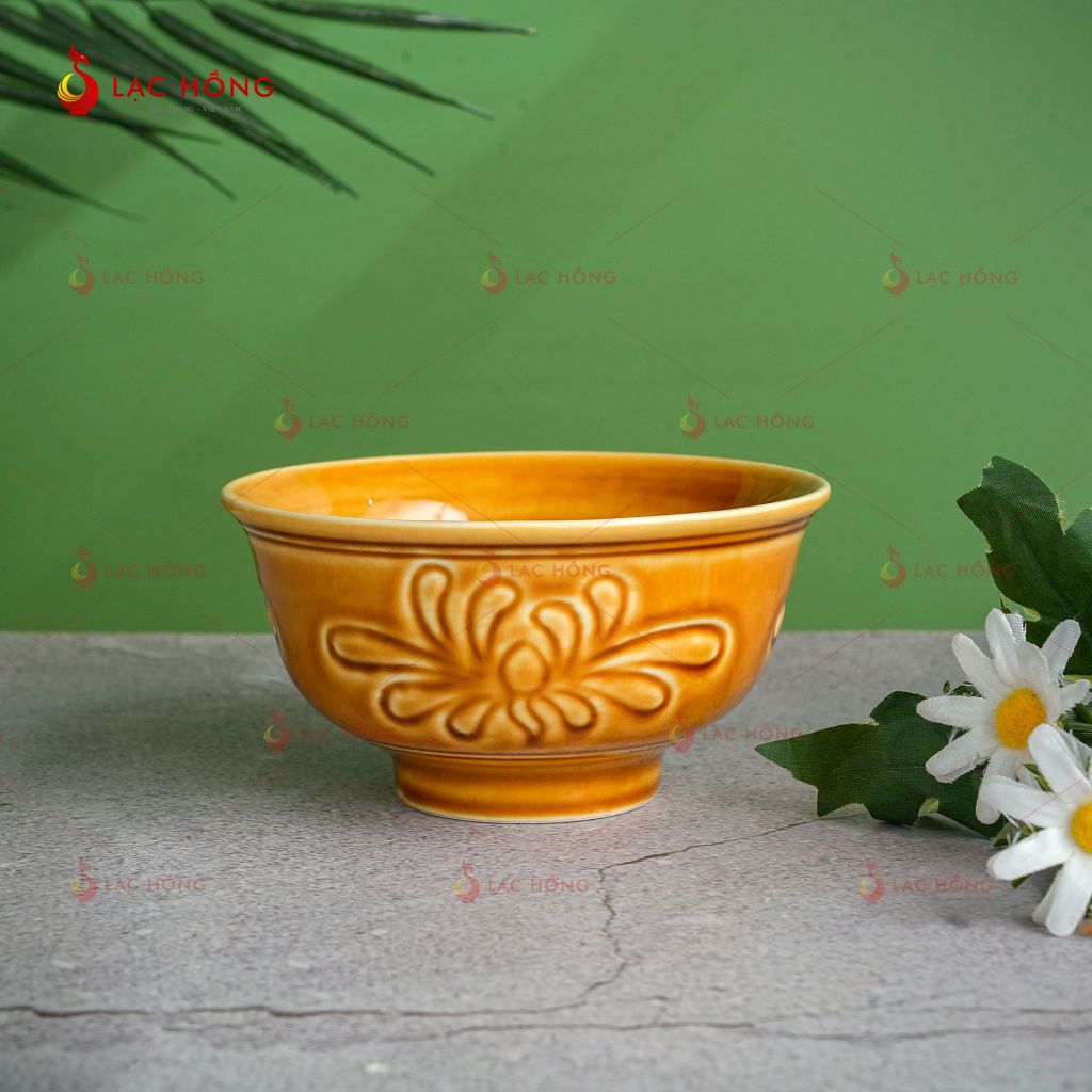 Bộ Bát Đĩa Vân Hoa Men Nâu