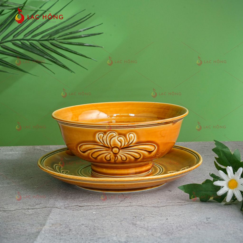 Bộ Bát Đĩa Vân Hoa Men Nâu