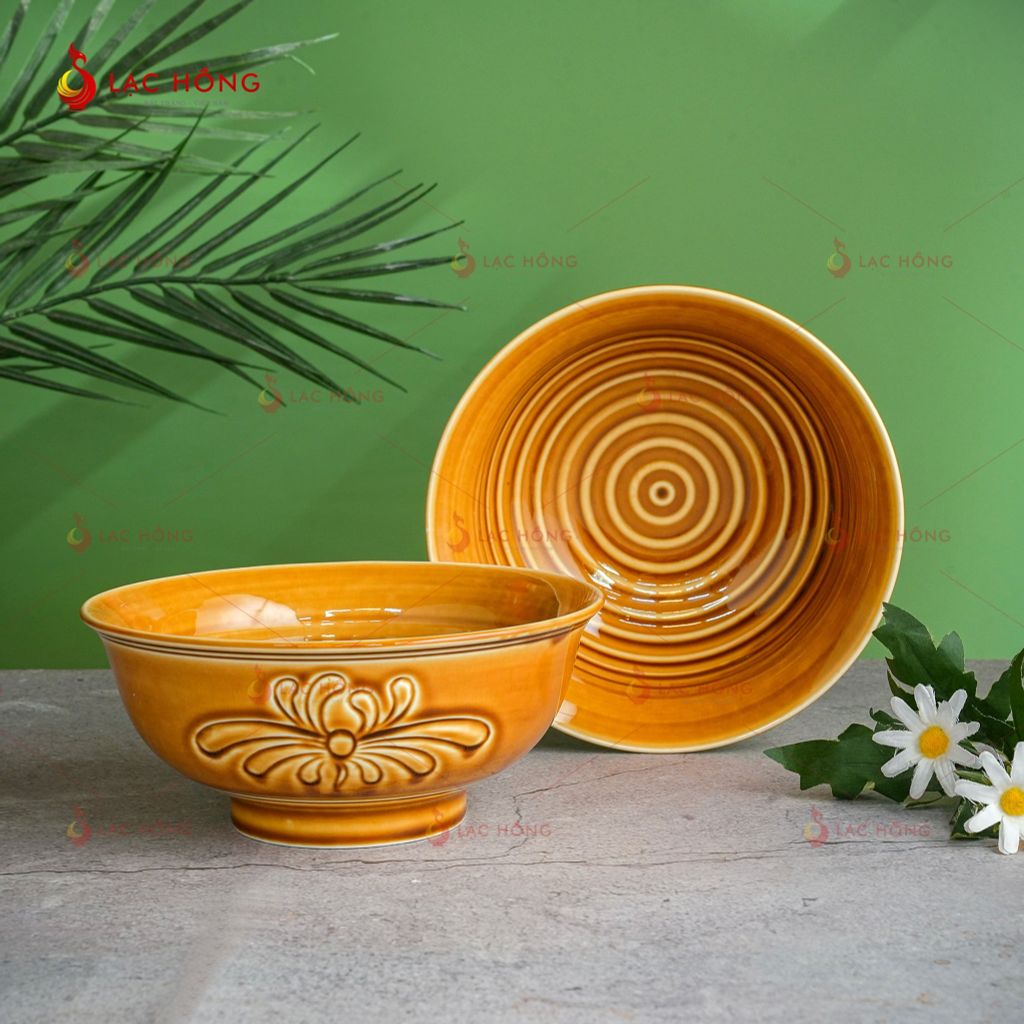 Bộ Bát Đĩa Vân Hoa Men Nâu