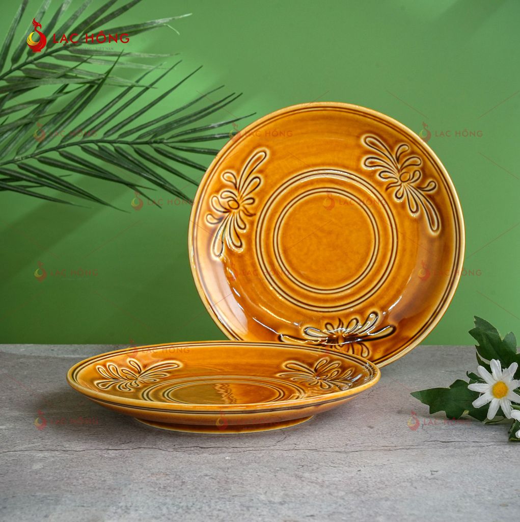 Bộ Bát Đĩa Vân Hoa Men Nâu