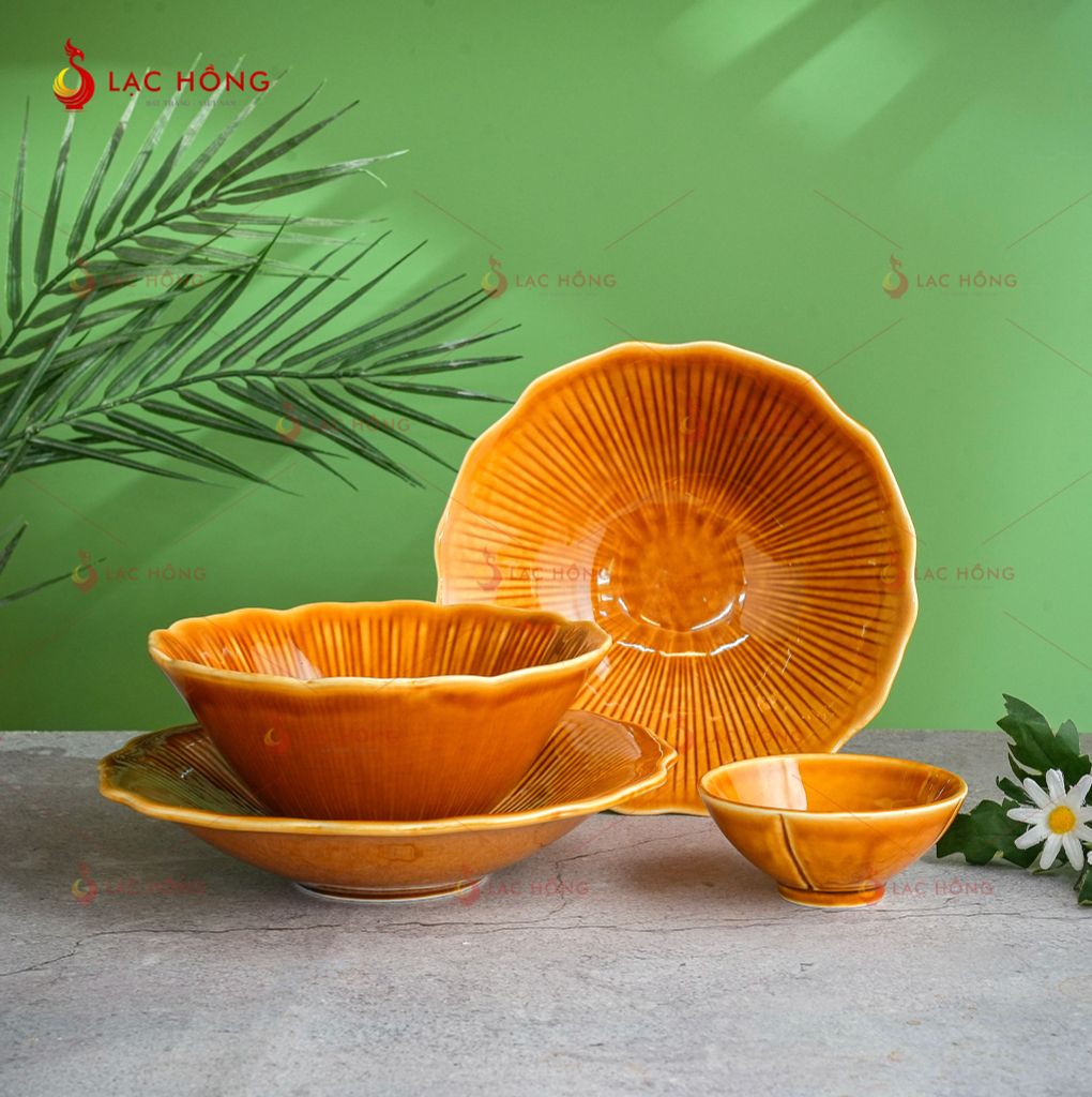 Bộ Bát Đĩa Vân Hoa Men Nâu