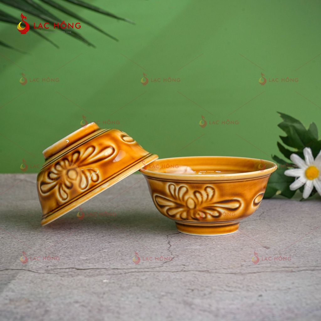 Bộ Bát Đĩa Vân Hoa Men Nâu