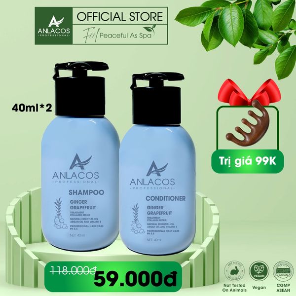 [Tặng lược gỗ đàn hương] Combo gội xả Anlacos mọc tóc thuần chay gừng bưởi size mini 40ml