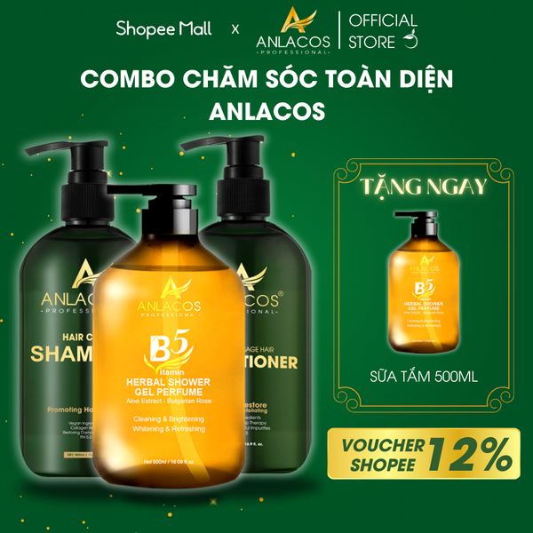 Combo dầu gội, dầu xả, sữa tắm Anlacos thiên nhiên thuần chay 500ml*3