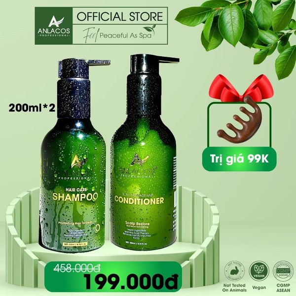 [Tặng lược gỗ đàn hương] Combo gội xả Anlacos mọc tóc gừng bưởi thuần chay 200ml