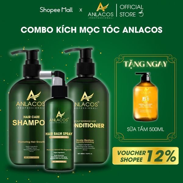 Combo Dầu gội, Dầu xả, Xịt dưỡng tóc Anlacos tinh dầu bưởi giảm rụng mọc tóc Size Lớn