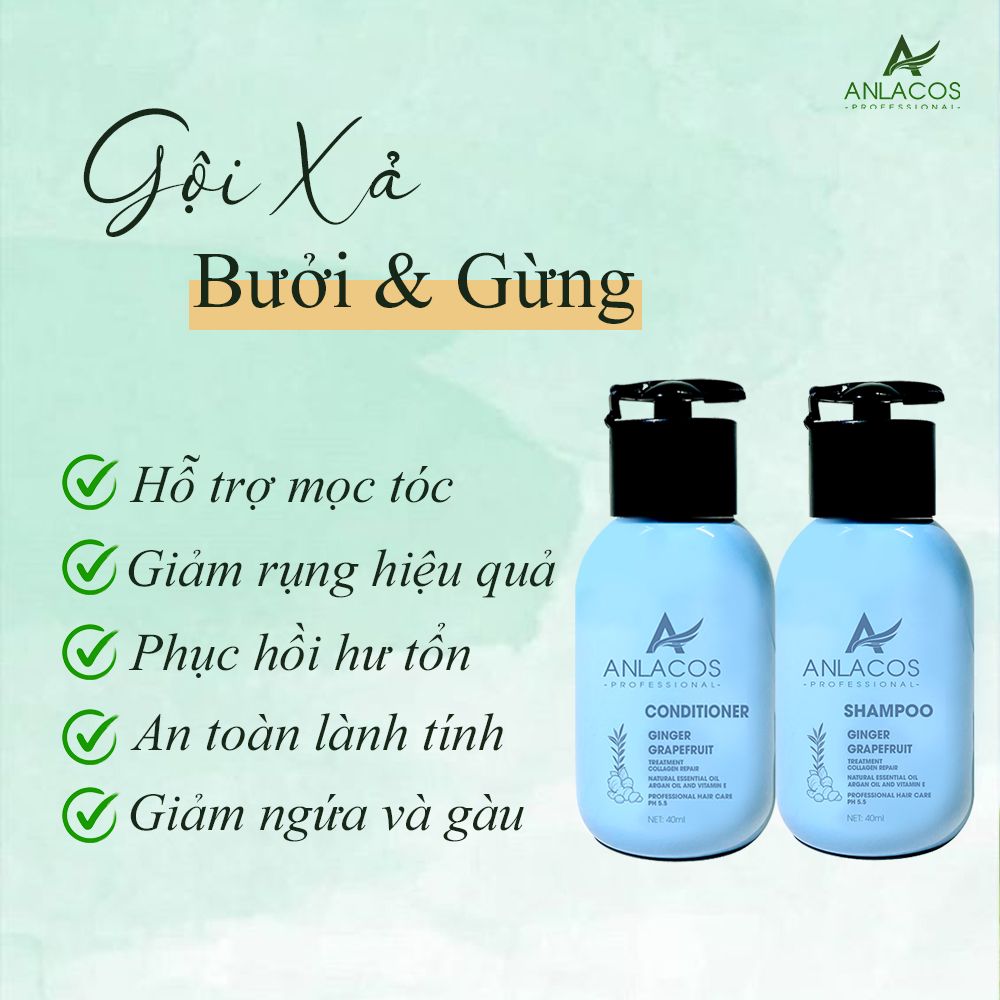 [Tặng lược gỗ đàn hương] Combo gội xả Anlacos mọc tóc thuần chay gừng bưởi size mini 40ml