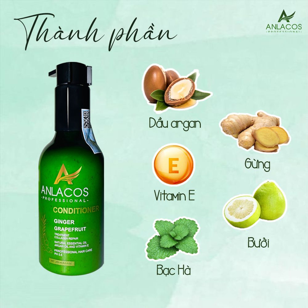 [Tặng lược gỗ đàn hương] Combo gội xả Anlacos mọc tóc gừng bưởi thuần chay 200ml