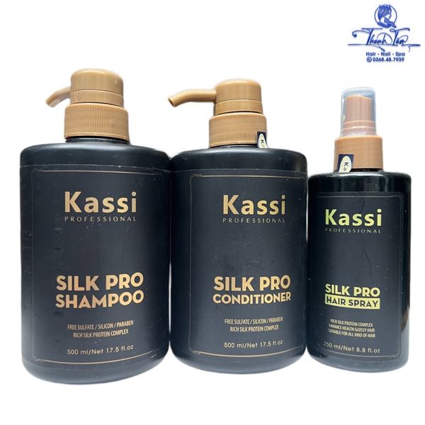 Bộ dầu gội xả và xịt dưỡng siêu thơm mềm mượt phục hồi giữ màu tóc Kassi SILK PRO 500mlx2/250ml [ New }