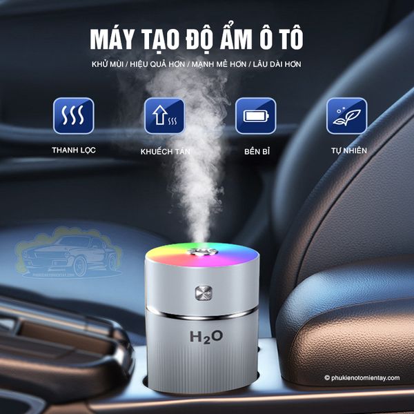 Máy Tạo Độ Ẩm, Xông Tinh Dầu, Khuếch Tán Hương Thơm, Khử Mùi Ô tô, Kèm Đèn Led RGB