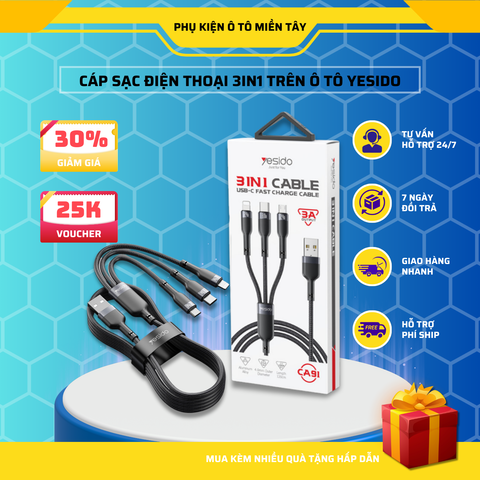 Cáp Sạc Nhanh Đa Năng Trên Ô tô,  Cáp Sạc 3 Trong 1 Dây Vải Cao Cấp YESIDO