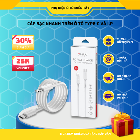 Cáp Sạc Nhanh Trên Ô tô, Cáp Sạc Điện Thoại Lightning và Type-C 20-60w YESIDO