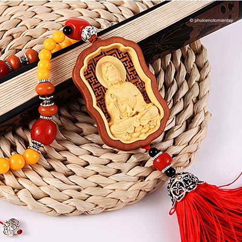 Dây treo trang trí ô tô bằng gỗ hoàng dương, hình Quan Âm Bồ Tát