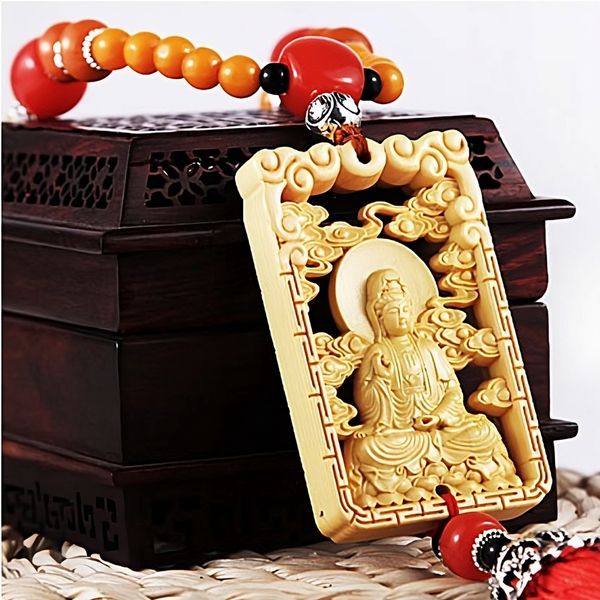 Dây Treo Trang Trí Ô tô Mặt Gỗ Khắc Rỗng, Hình Quan Âm Bồ Tát, Khánh Treo Xe Hơi Ô tô Phong Thủy